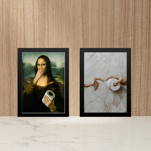 Kit 2 Quadros Divertidos Banheiro - Paródia Pinturas 24x18cm