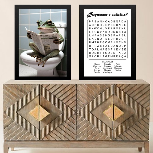 Kit 2 Quadros Divertidos Banheiro - Perereca 45x34cm - Com Vi