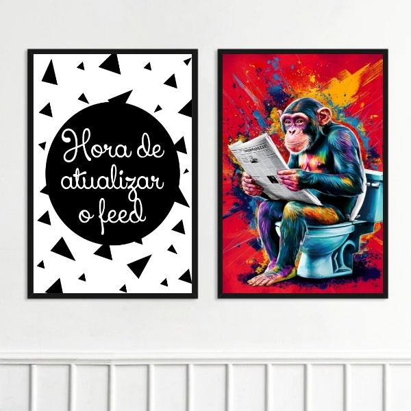 Kit 2 Quadros Divertidos Banheiro Pop Art 24x18cm Moldura Bra