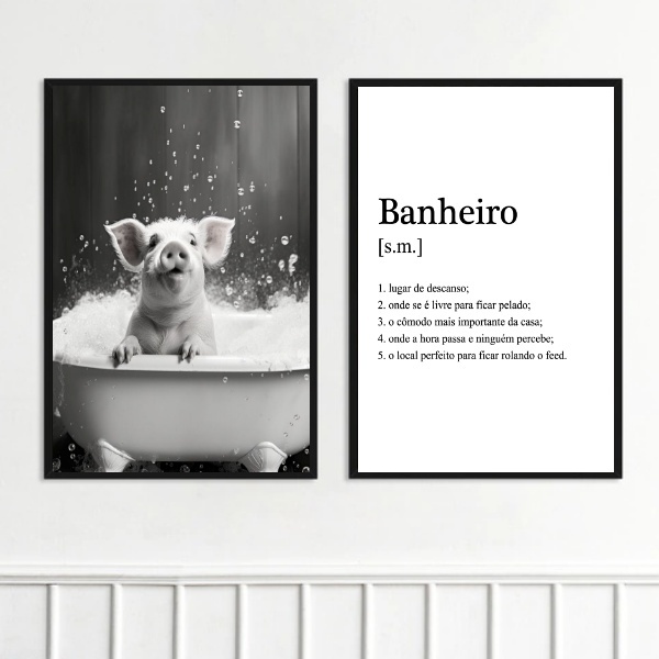 Kit 2 Quadros Divertidos Banheiro - Porquinho 45x34cm Moldura
