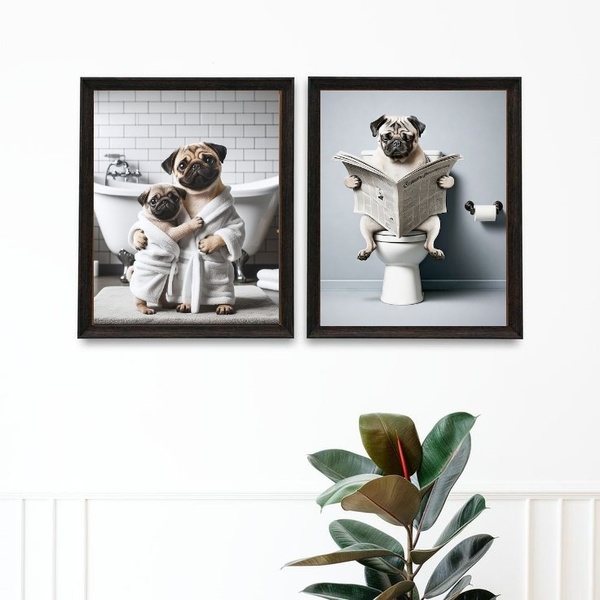Kit 2 Quadros Divertidos Banheiro - Pugs 45x34cm Moldura Bran
