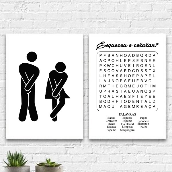 Kit 2 Quadros Divertidos Banheiro Unissex 33x24cm Moldura:mad