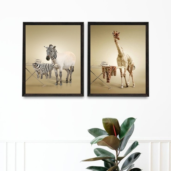 Kit 2 Quadros Divertidos Lavandería Animais 33x24cm - Com Vid