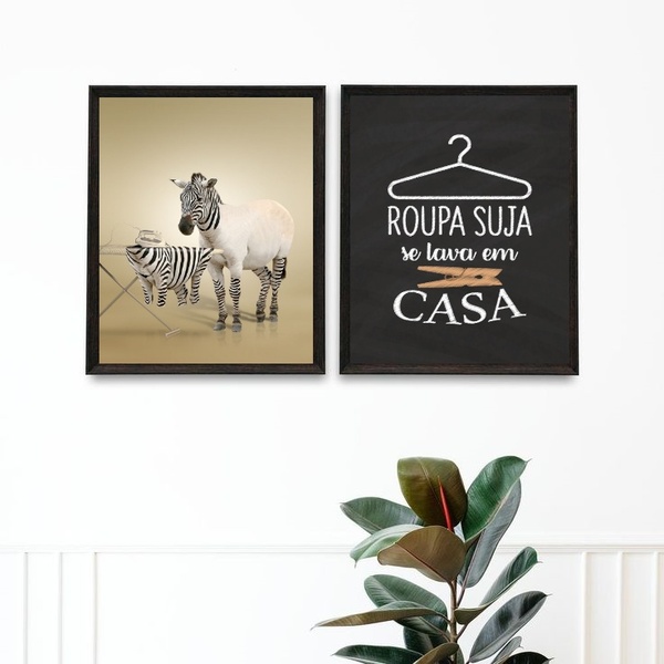 Kit 2 Quadros Divertidos Lavandería Zebra 24x18cm - Com Vidro