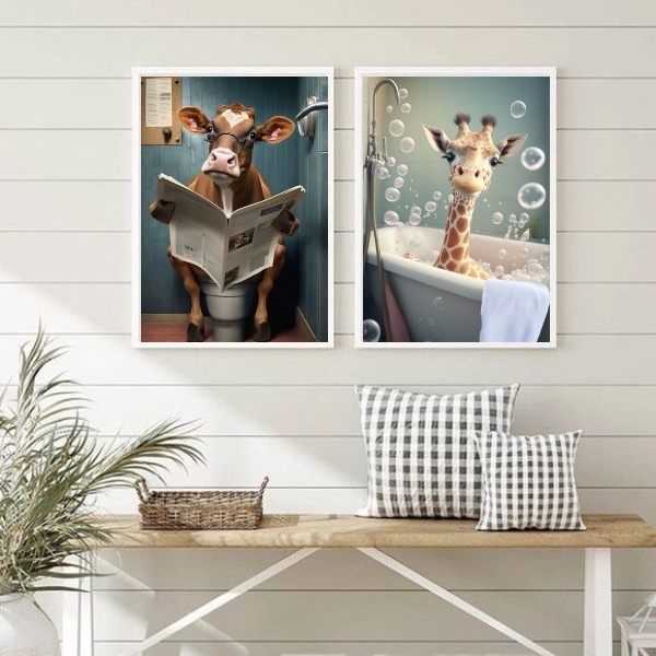 Kit 2 Quadros Divertidos Para Banheiro- Bichinhos 33x24cm - C