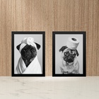 Kit 2 Quadros Divertidos Para Banheiro Cães Pug 33x24cm Moldu