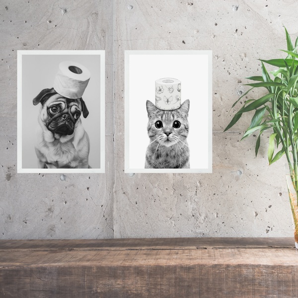 Kit 2 Quadros Divertidos Para Banheiro Cão E Gato 24x18cm - C