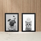 Kit 2 Quadros Divertidos Para Banheiro Cão E Gato 24x18cm Mol