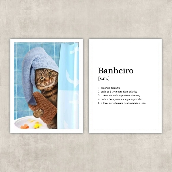 Kit 2 Quadros Divertidos Para Banheiro Gatinho 24x18cm - Com