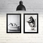 Kit 2 Quadros Divertidos Para Banheiro - Pinguins 33x24cm - C