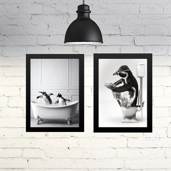 Kit 2 Quadros Divertidos Para Banheiro - Pinguins 33x24cm - C