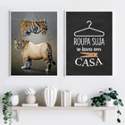 Kit 2 Quadros Divertidos Para Lavanderia Tigre 33x24cm Moldur
