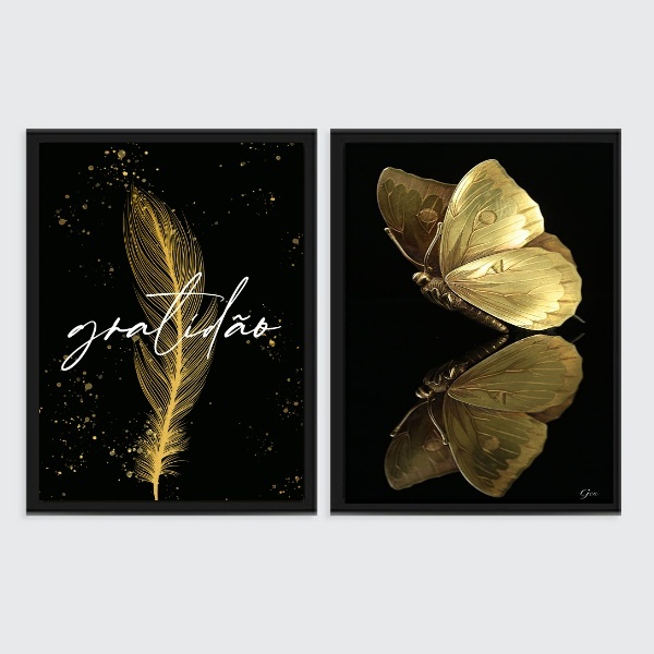 Kit 2 Quadros Dourados Gratidão Borboleta 45x34cm - Com Vidro
