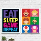 Kit 2 Quadros Eat Sleep Game Repeat Personagens 24x18cm Moldu