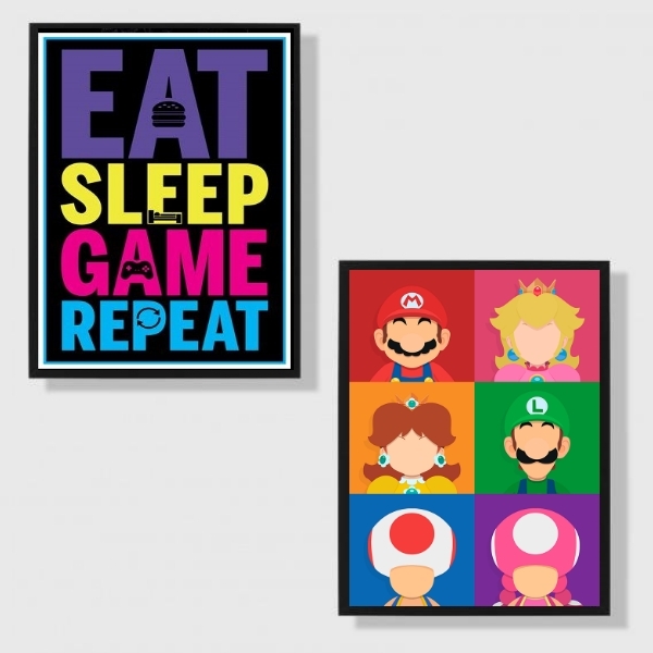 Kit 2 Quadros Eat Sleep Game Repeat Personagens 33x24cm Moldu