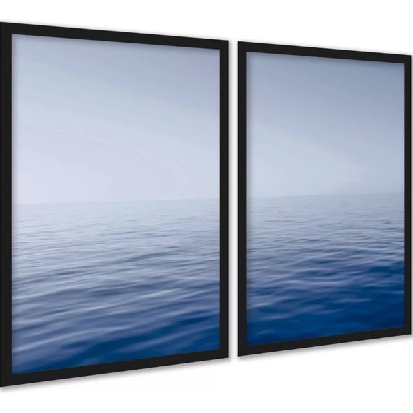 Kit 2 Quadros Efeito Pintura Mar Oceano Azul 33x24cm Moldura