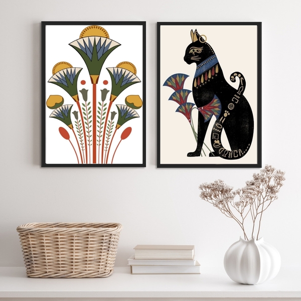 Kit 2 Quadros Egípcios Gato Bastet E Flor De Lotus 45x34cm -
