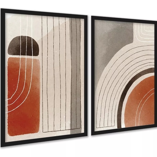 Kit 2 Quadros Elegantes Abstratos Linhas Bege Terracota 45x34