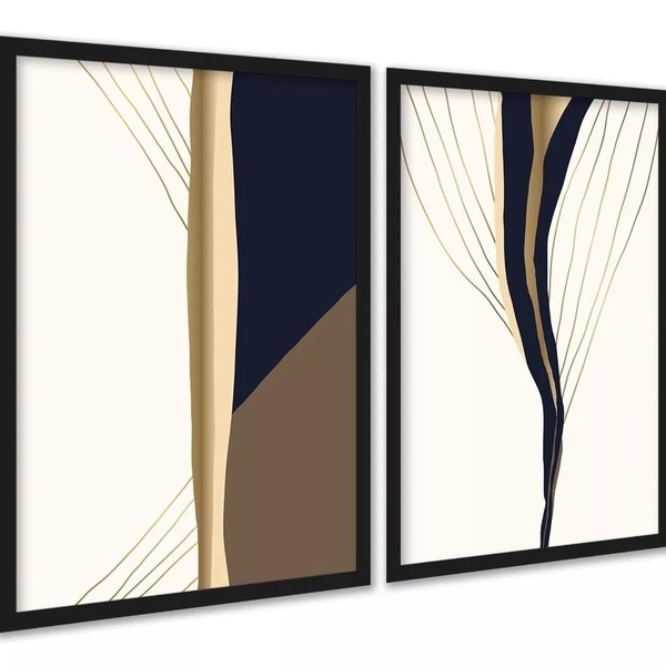 Kit 2 Quadros Elegantes Neutros Abstratos 45x34cm Moldura Pre