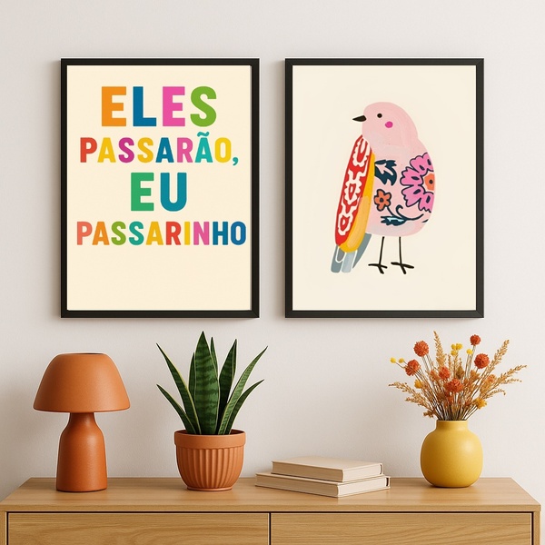 Kit 2 Quadros Eles Passarão Eu Passarinho 45x34cm - Com Vidro