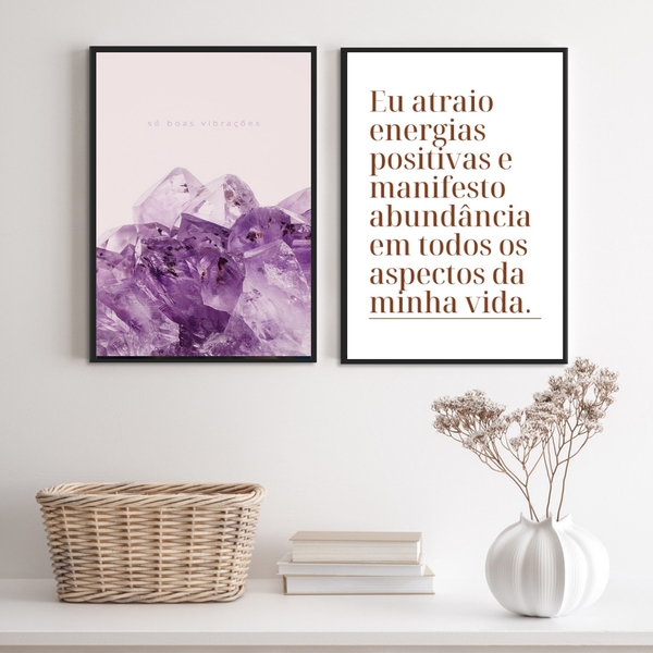 Kit 2 Quadros Energias Positivas- Cristais Abundância 33x24cm