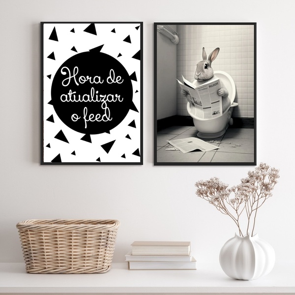 Kit 2 Quadros Engraçados Banheiro - Coelho 33x24cm - Com Vidr