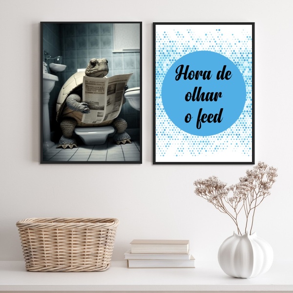 Kit 2 Quadros Engraçados Banheiro - Tartaruga 33x24cm - Com V