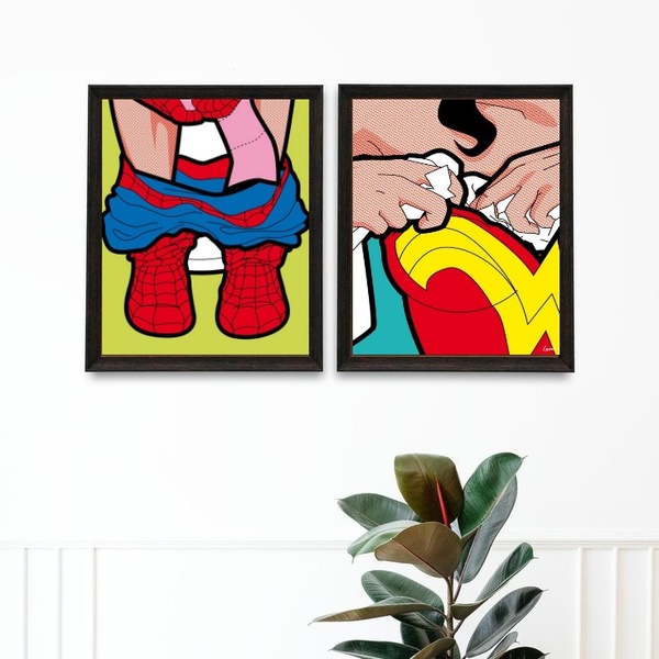 Kit 2 Quadros Engraçados Para Banheiro 24x18cm Moldura:madeir