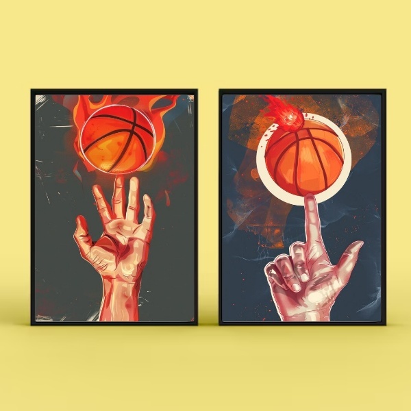 Kit 2 Quadros Esporte Basquete 24x18cm Moldura Branca