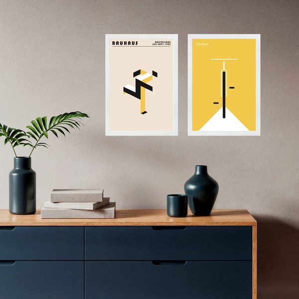 Kit 2 Quadros Esportes Corrida E Bike - Bauhaus Amarelo 45x34