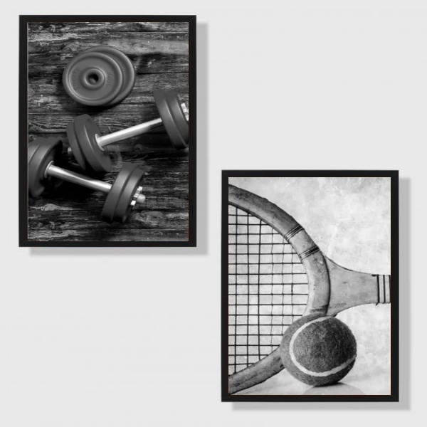 Kit 2 Quadros Esportes Diversos Preto E Branco 45x34cm Moldur