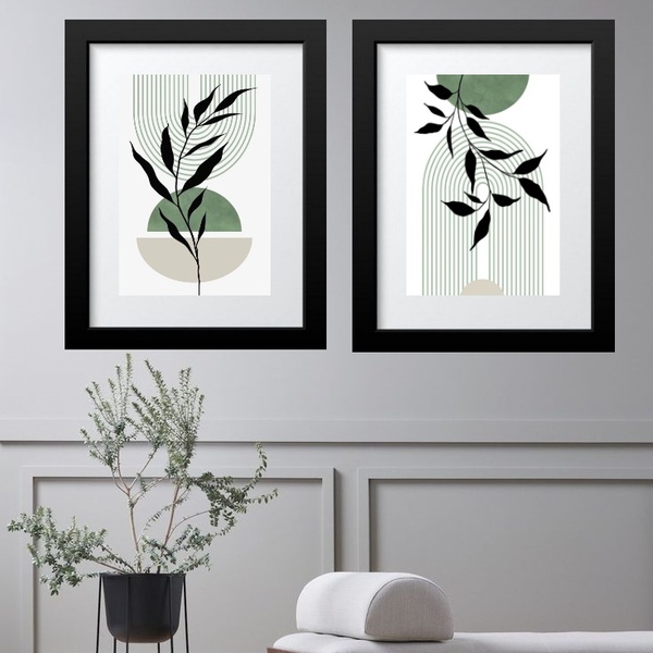 Kit 2 Quadros Estilo Boho Folhas - 60x48cm Moldura:madeira Pr