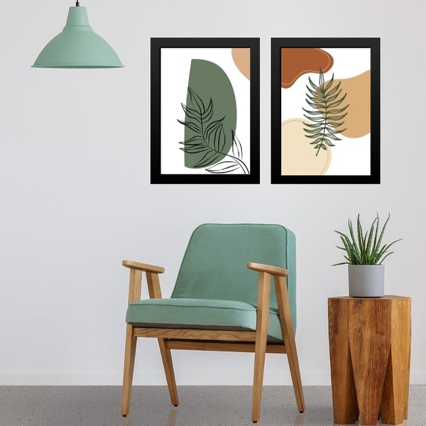 Kit 2 Quadros Estilo Boho Folhas Verdes 45x34cm - Com Vidro M