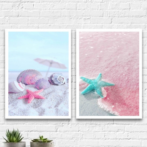 Kit 2 Quadros Estrela Do Mar Rosa E Azul 45x34cm - Com Vidro