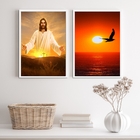 Kit 2 Quadros Evangélicos Jesus Por Do Sol 45x34cm Moldura:ma