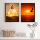 Kit 2 Quadros Evangélicos Jesus Por Do Sol 45x34cm Moldura:ma
