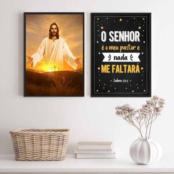 Kit 2 Quadros Evangélicos O Senhor É Meu Pastor- Jesus 33x24c