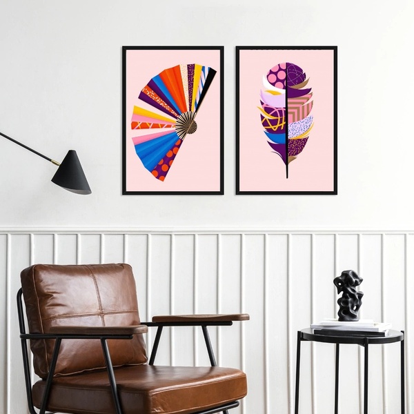 Kit 2 Quadros Fashion Estampas Diversas 45x34cm Moldura Preta