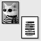 Kit 2 Quadros Fashion Gatinho Livros Moda 45x34cm Moldura:mad