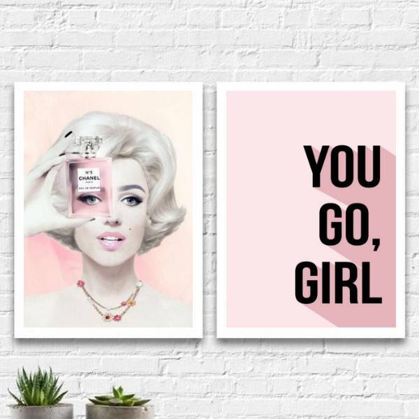 Kit 2 Quadros Fashion Marilyn You Go Girl 24x18cm - Com Vidro