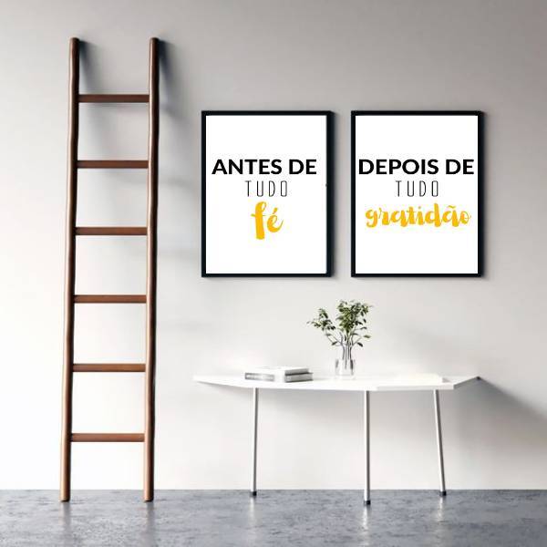 Kit 2 Quadros Fé E Gratidão Amarelo 33x24cm - Com Vidro Moldu