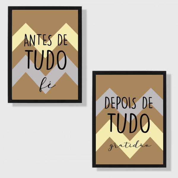 Kit 2 Quadros Fé E Gratidão - Chevron Azul 45x34cm - Com Vidr