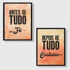 Kit 2 Quadros Fé E Gratidão Marrom 24x18cm - Com Vidro Moldur