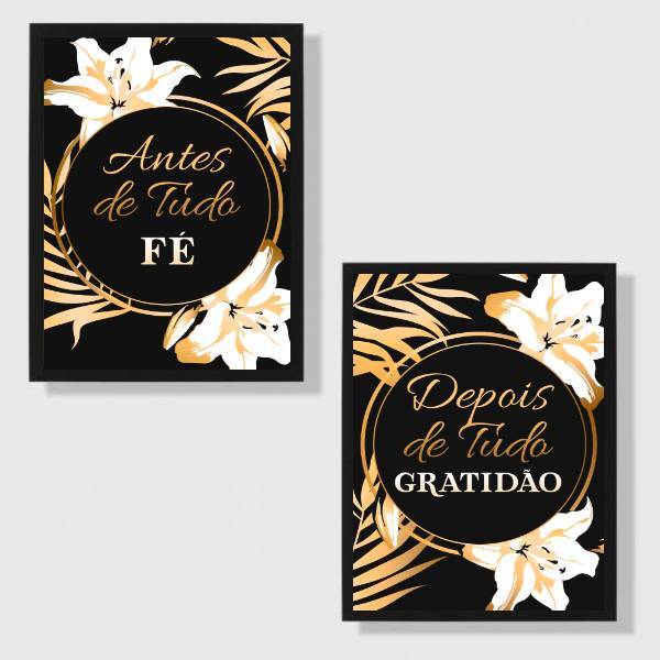 Kit 2 Quadros Fé E Gratidão Preto E Dourado 45x34cm - Com Vid
