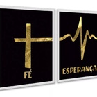 Kit 2 Quadros Fé Esperança - Preto Com Dourado 24x18cm - Com