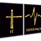 Kit 2 Quadros Fé Esperança - Preto Com Dourado 24x18cm Moldur