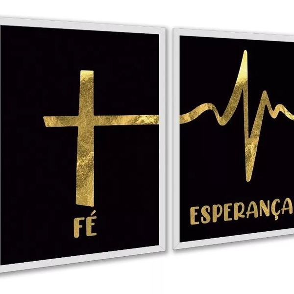 Kit 2 Quadros Fé Esperança - Preto Com Dourado 24x18cm Moldur