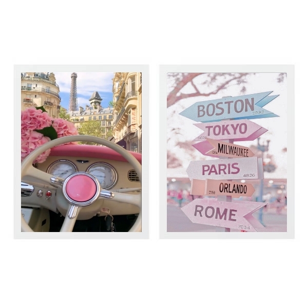 Kit 2 Quadros Femininos Placas Destinos 24x18cm - Com Vidro M