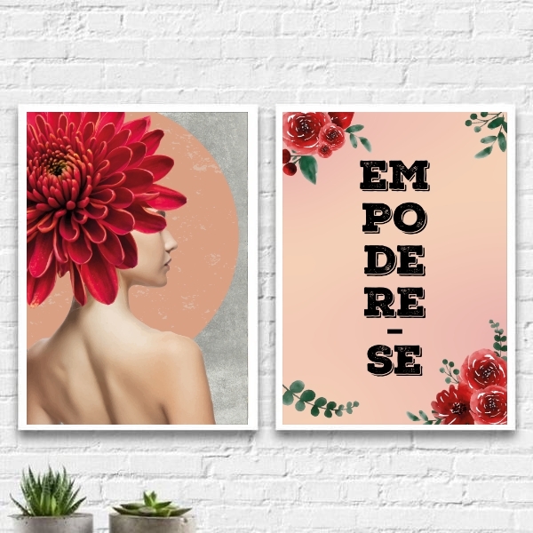 Kit 2 Quadros Feministas Mulher Com Flores 45x34cm Moldura:ma