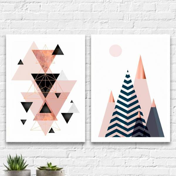 Kit 2 Quadros Figuras Geométricas Roses 45x34cm Moldura:madei